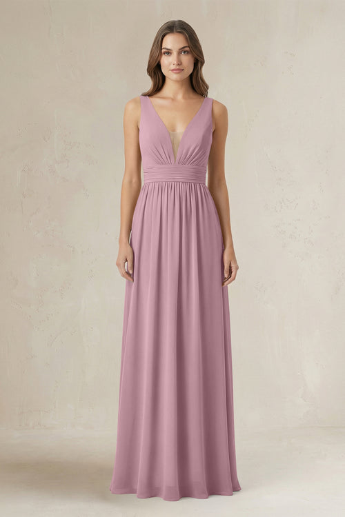 Illusion V-Neck A-Line Ruched Bridesmaid Dress in Vintage Mauve | KISSBRIDAL