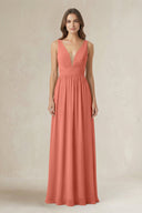 Illusion V - Neck A - Line Ruched Bridesmaid Dress in Wild Rose - SHE IS ME Bridesmaid Dresses