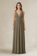 Illusion V - Neck A - Line Ruched Bridesmaid Dress in Willow Green - KISS BRIDAL Bridesmaid Dresses