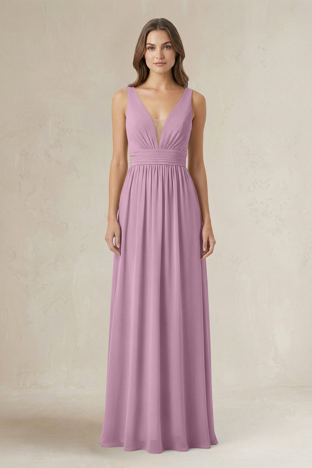 Illusion V - Neck A - Line Ruched Bridesmaid Dress in Wisteria - KISS BRIDAL Bridesmaid Dresses
