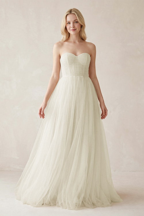 Ivory A-Line Sweetheart Tulle Long Wedding Dresses | KISSBRIDAL
