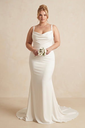 Ivory Cowl Neck Mermaid Satin Wedding Dress [sizeplus] | KISSBRIDAL