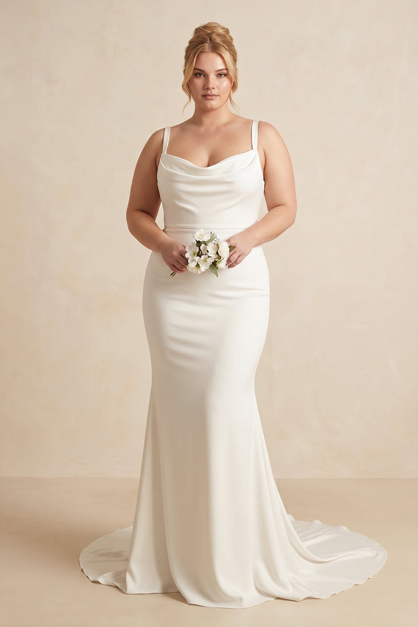 Ivory Cowl Neck Mermaid Satin Wedding Dress [sizeplus] | KISSBRIDAL