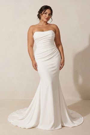 Ivory Crepe Strapless Ruched Mermaid Wedding Dress [sizeplus] | KISSBRIDAL
