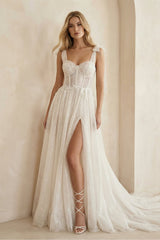 Ivory Glitter Tulle A - Line Wedding Dress with Slit - KISS BRIDAL Wedding Dresses