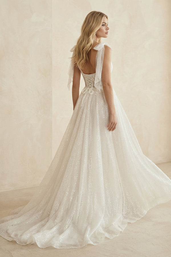 Ivory Glitter Tulle A - Line Wedding Dress with Slit - KISS BRIDAL Wedding Dresses
