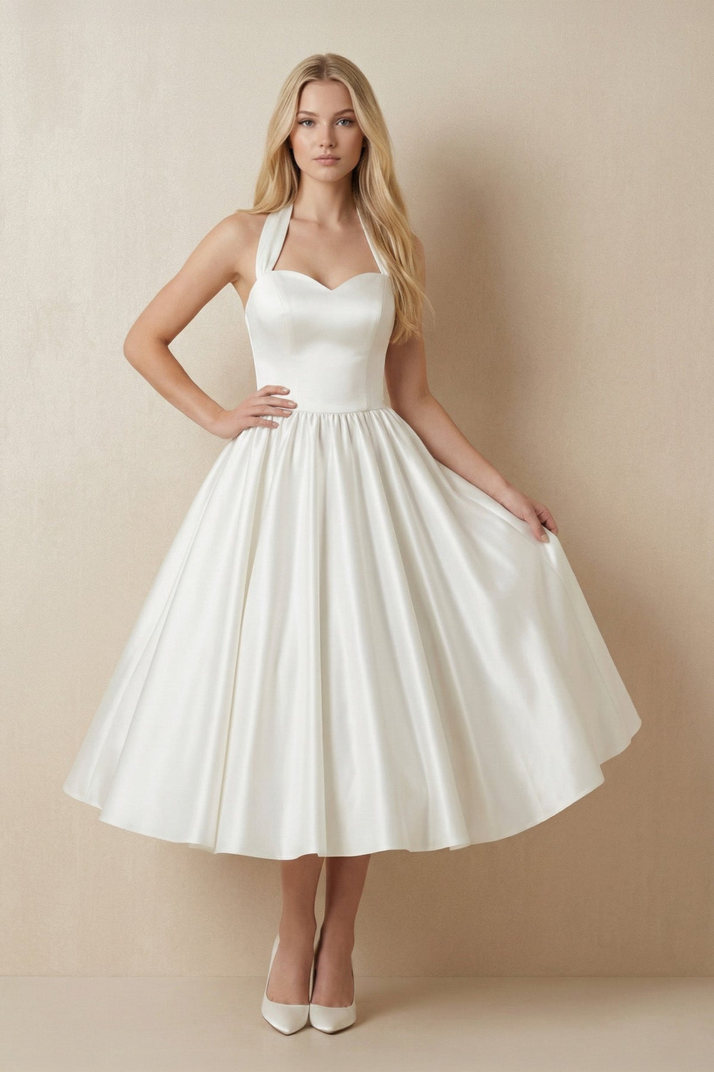 Ivory Halter Satin A - Line Midi Wedding Dress with Bow - SHE IS ME Wedding Dresses