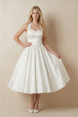 Ivory Halter Satin A - Line Midi Wedding Dress with Bow - KISS BRIDAL Wedding Dresses