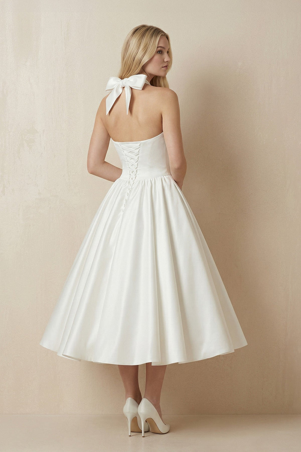Ivory Halter Satin A - Line Midi Wedding Dress with Bow - SHE IS ME Wedding Dresses