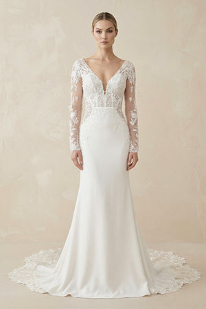 Ivory Lace Long Sleeve Mermaid Wedding Dress - SHE IS ME Wedding Dresses