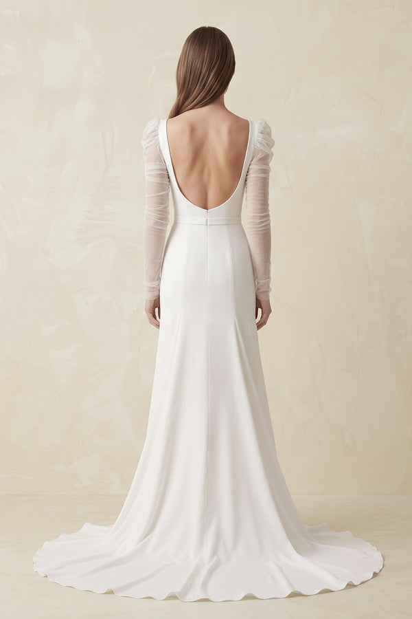 Ivory Mermaid Square Neck Long Sleeves Satin Wedding Dresses (2) | KISSBRIDAL