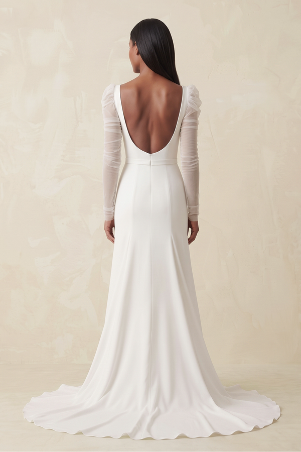 Ivory Mermaid Square Neck Long Sleeves Satin Wedding Dresses (2) | KISSBRIDAL