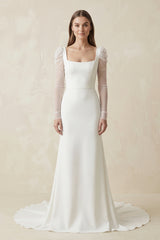 Ivory Mermaid Square Neck Long Sleeves Satin Wedding Dresses | KISSBRIDAL