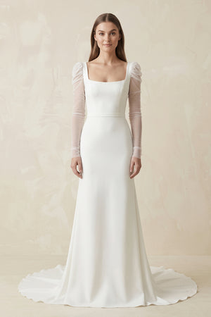 Ivory Mermaid Square Neck Long Sleeves Satin Wedding Dresses | KISSBRIDAL