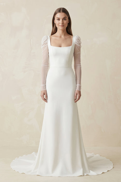 Ivory Mermaid Square Neck Long Sleeves Satin Wedding Dresses | KISSBRIDAL