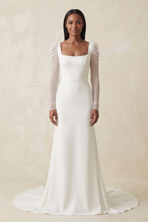 Ivory Mermaid Square Neck Long Sleeves Satin Wedding Dresses | KISSBRIDAL