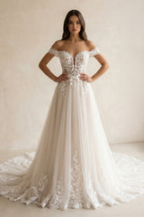 Ivory Off - the - Shoulder Lace A - Line Wedding Dress - KISS BRIDAL Wedding Dresses