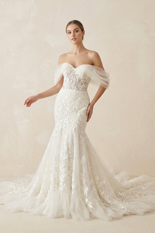 Ivory Off - the - Shoulder Lace Mermaid Wedding Dress - KISS BRIDAL Wedding Dresses