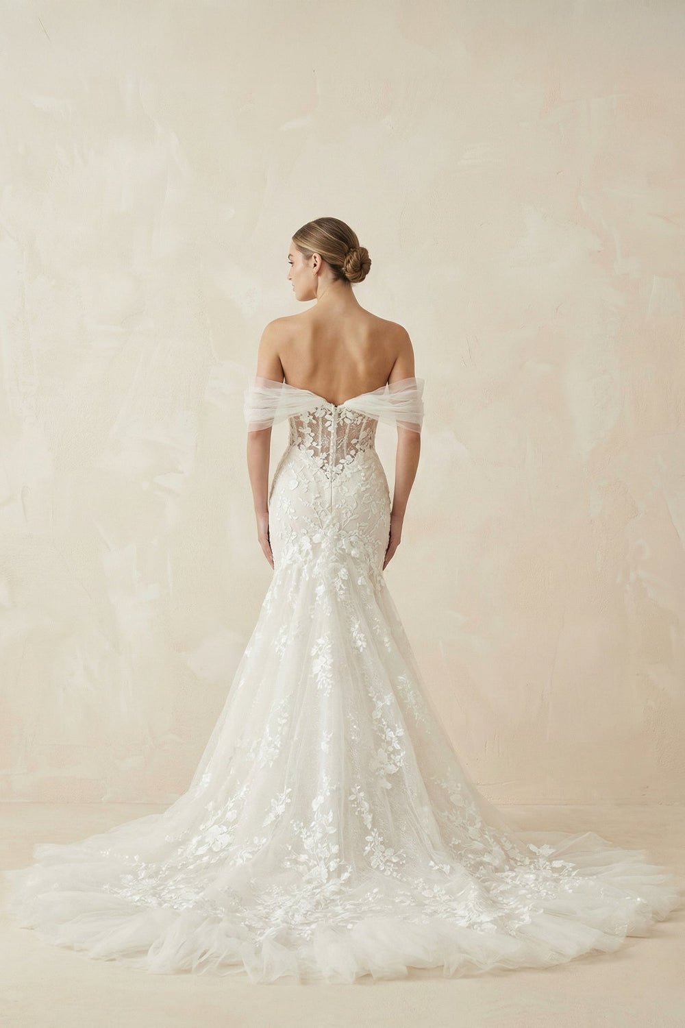 Ivory Off - the - Shoulder Lace Mermaid Wedding Dress - SHE IS ME Wedding Dresses
