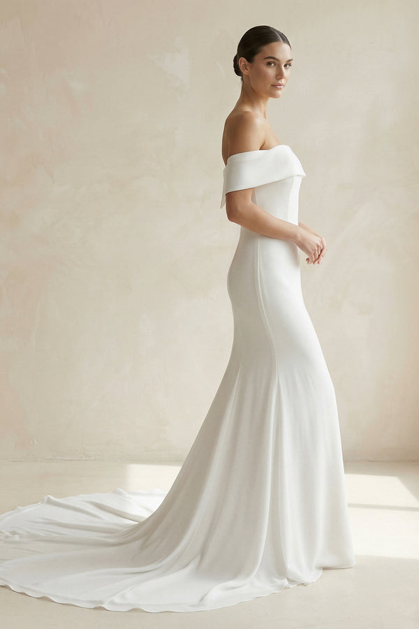 Ivory Off - the - Shoulder Satin Mermaid Wedding Dress - SHE IS ME Wedding Dresses