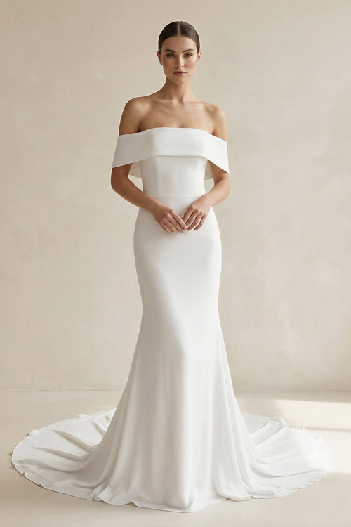 Ivory Off - the - Shoulder Satin Mermaid Wedding Dress - SHE IS ME Wedding Dresses