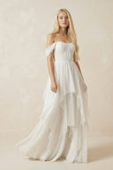 Ivory Off - the - Shoulder Tiered Chiffon A - Line Wedding Dress - SHE IS ME Wedding Dresses