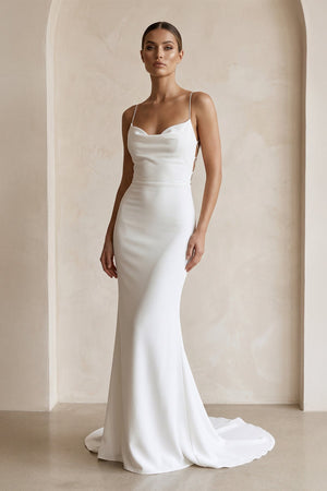 Ivory Satin Mermaid Lace - up Back Wedding Dress in White - SHE IS ME Wedding Dresses
