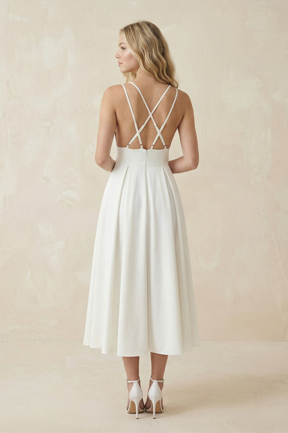 Ivory Satin V - Neck A - Line Midi Wedding Dress - SHE IS ME Wedding Dresses