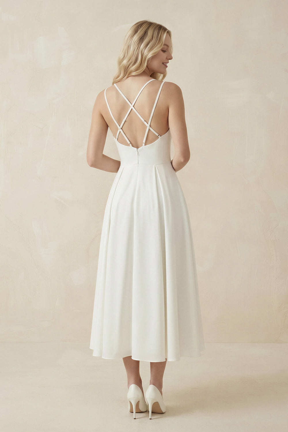Ivory Satin V-Neck A-Line Midi Wedding Dress - KISS BRIDAL Wedding Dresses