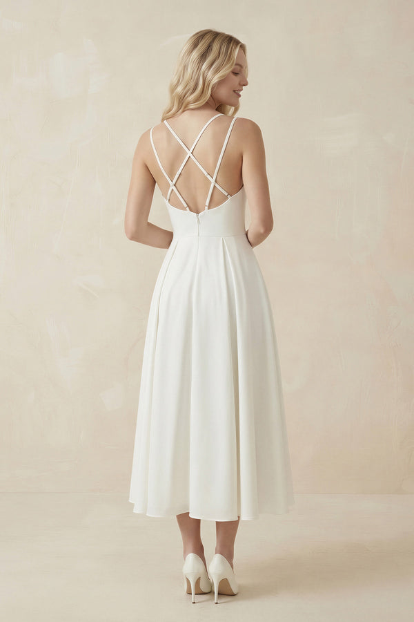 Ivory Satin V-Neck A-Line Midi Wedding Dress - KISS BRIDAL Wedding Dresses
