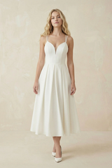 Ivory Satin V-Neck A-Line Midi Wedding Dress - KISS BRIDAL Wedding Dresses