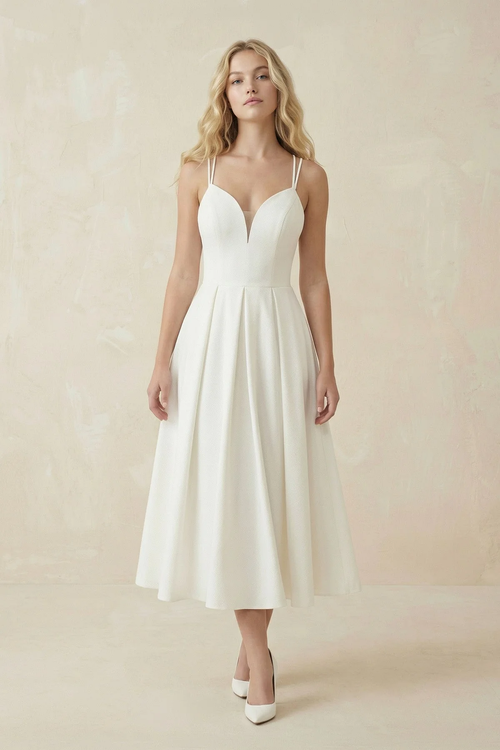 Diamond White Satin V-Neck A-Line Midi Wedding Dress - KISS BRIDAL Wedding Dresses