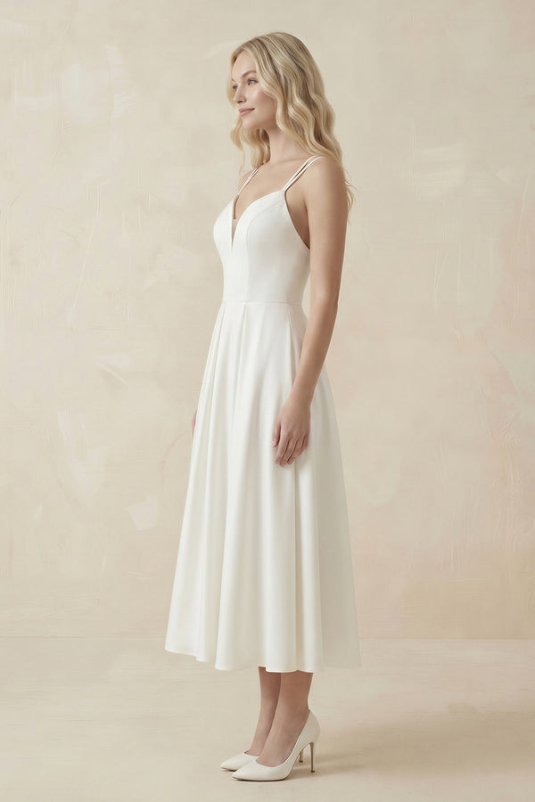 Ivory Satin V-Neck A-Line Midi Wedding Dress - KISS BRIDAL Wedding Dresses