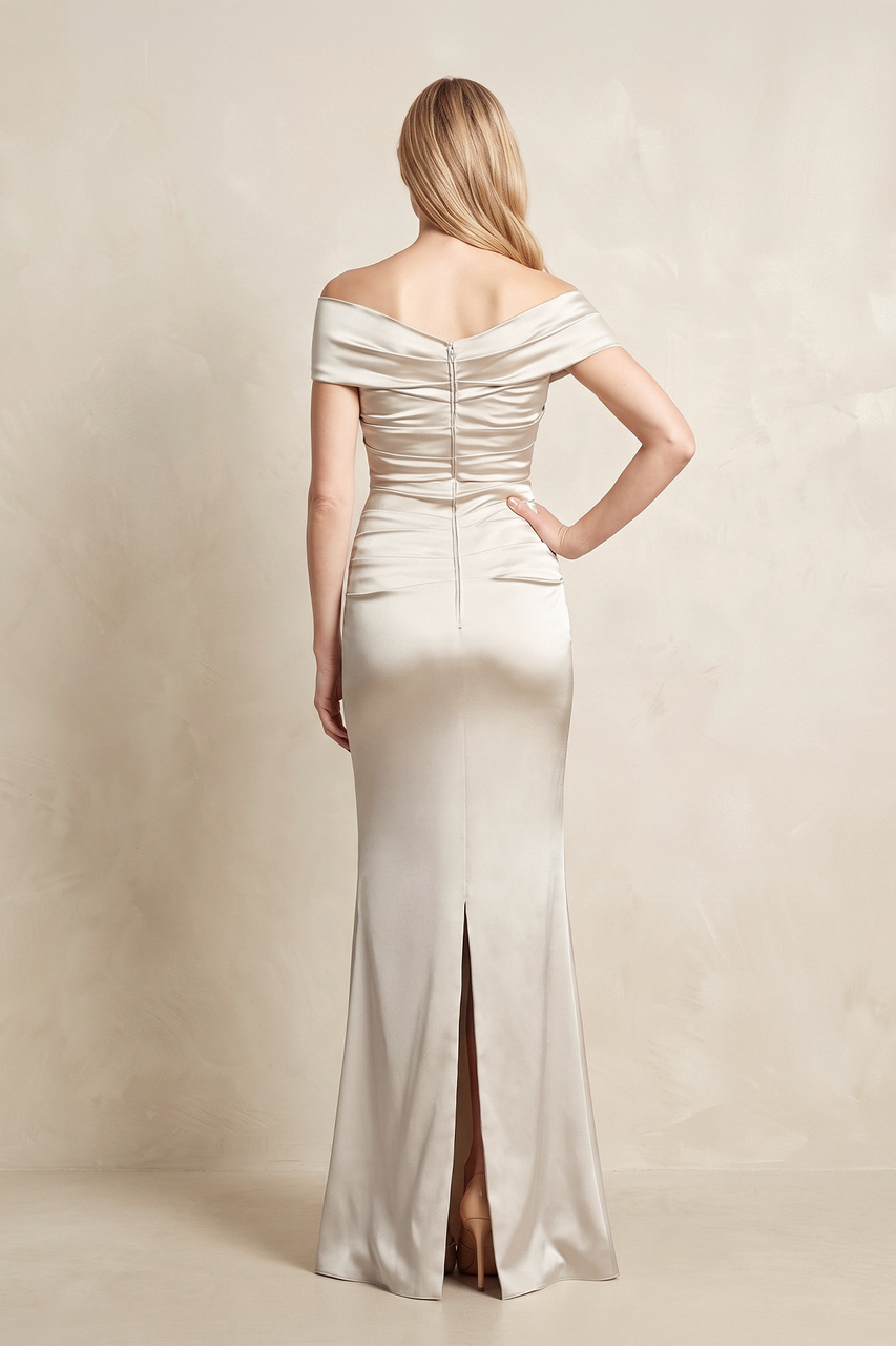 Ivory Sheath Off-the-Shoulder Satin Mother of the Bride Dress