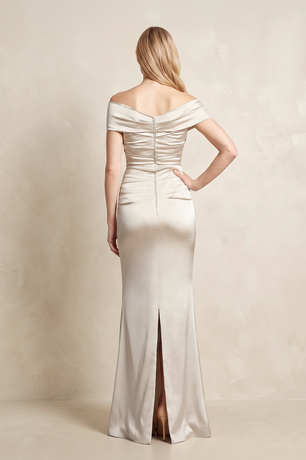Ivory Sheath Off-the-Shoulder Satin Mother of the Bride Dress (2) | KISSBRIDAL