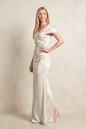 Ivory Sheath Off-the-Shoulder Satin Mother of the Bride Dress (3) | KISSBRIDAL