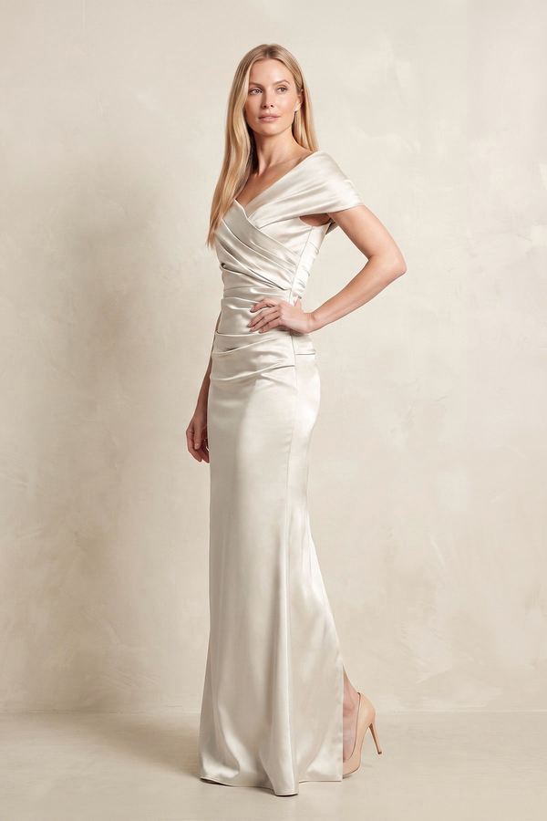 Ivory Sheath Off-the-Shoulder Satin Mother of the Bride Dress (3) | KISSBRIDAL