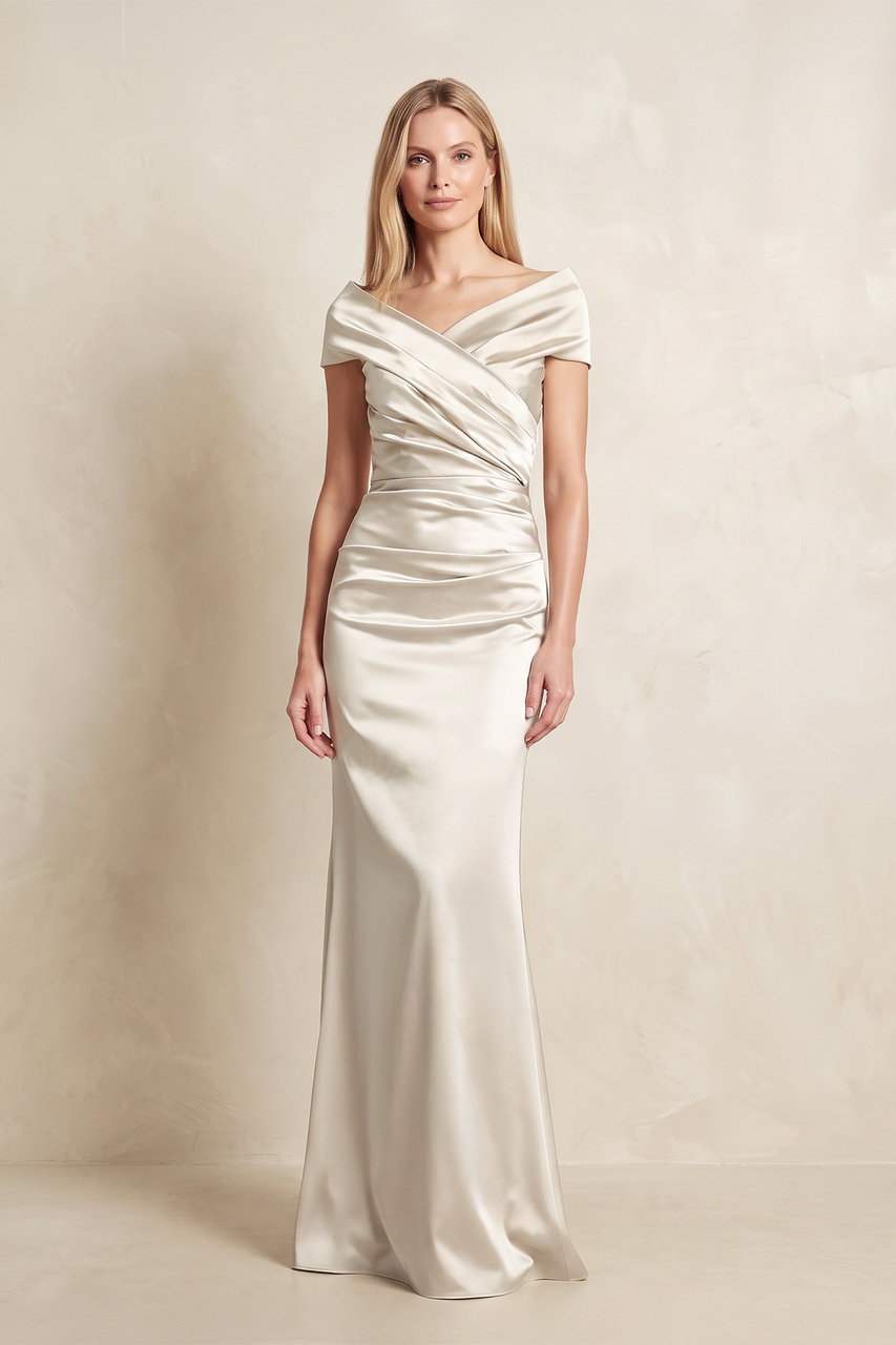 Ivory Sheath Off-the-Shoulder Satin Mother of the Bride Dress