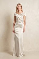 Ivory Sheath Off-the-Shoulder Satin Mother of the Bride Dress | KISSBRIDAL