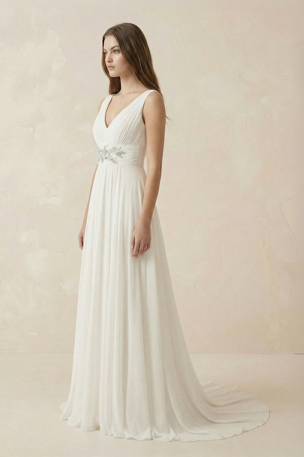Ivory V - Neck Chiffon A - Line Wedding Dress - SHE IS ME Wedding Dresses