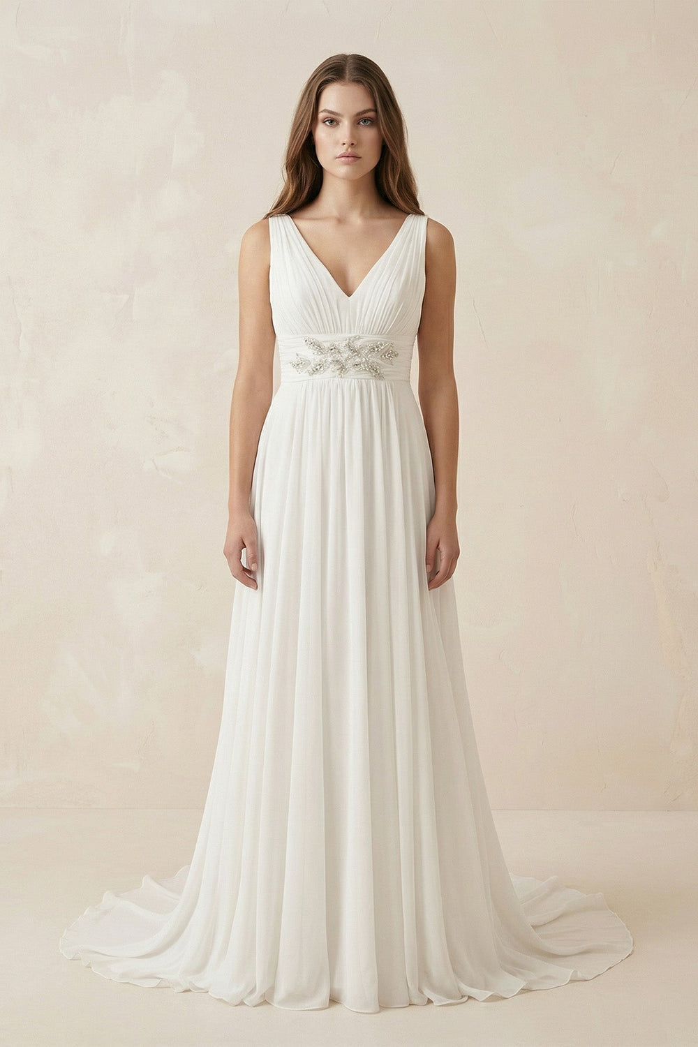 Ivory V - Neck Chiffon A - Line Wedding Dress - SHE IS ME Wedding Dresses
