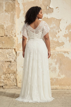 Ivory V-Neck Short Sleeves A Line Chiffon Wedding Dress (2) [sizeplus] | KISSBRIDAL