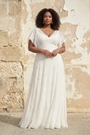 Ivory V-Neck Short Sleeves A Line Chiffon Wedding Dress [sizeplus] | KISSBRIDAL