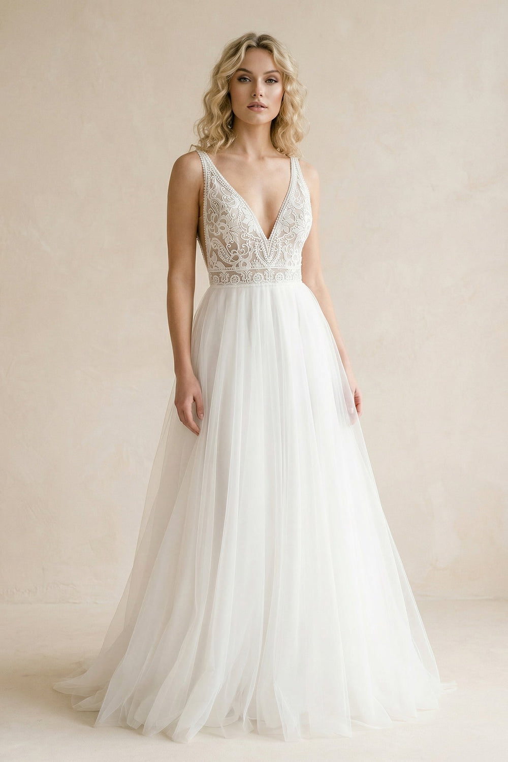 Ivory V - Neck Tulle A - Line Wedding Dress - SHE IS ME Wedding Dresses