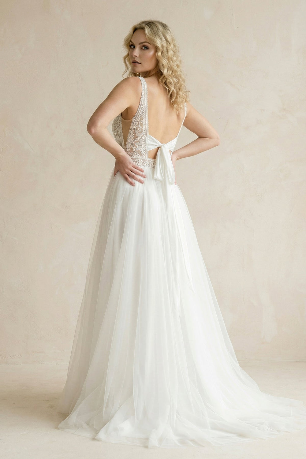 Ivory V - Neck Tulle A - Line Wedding Dress - SHE IS ME Wedding Dresses