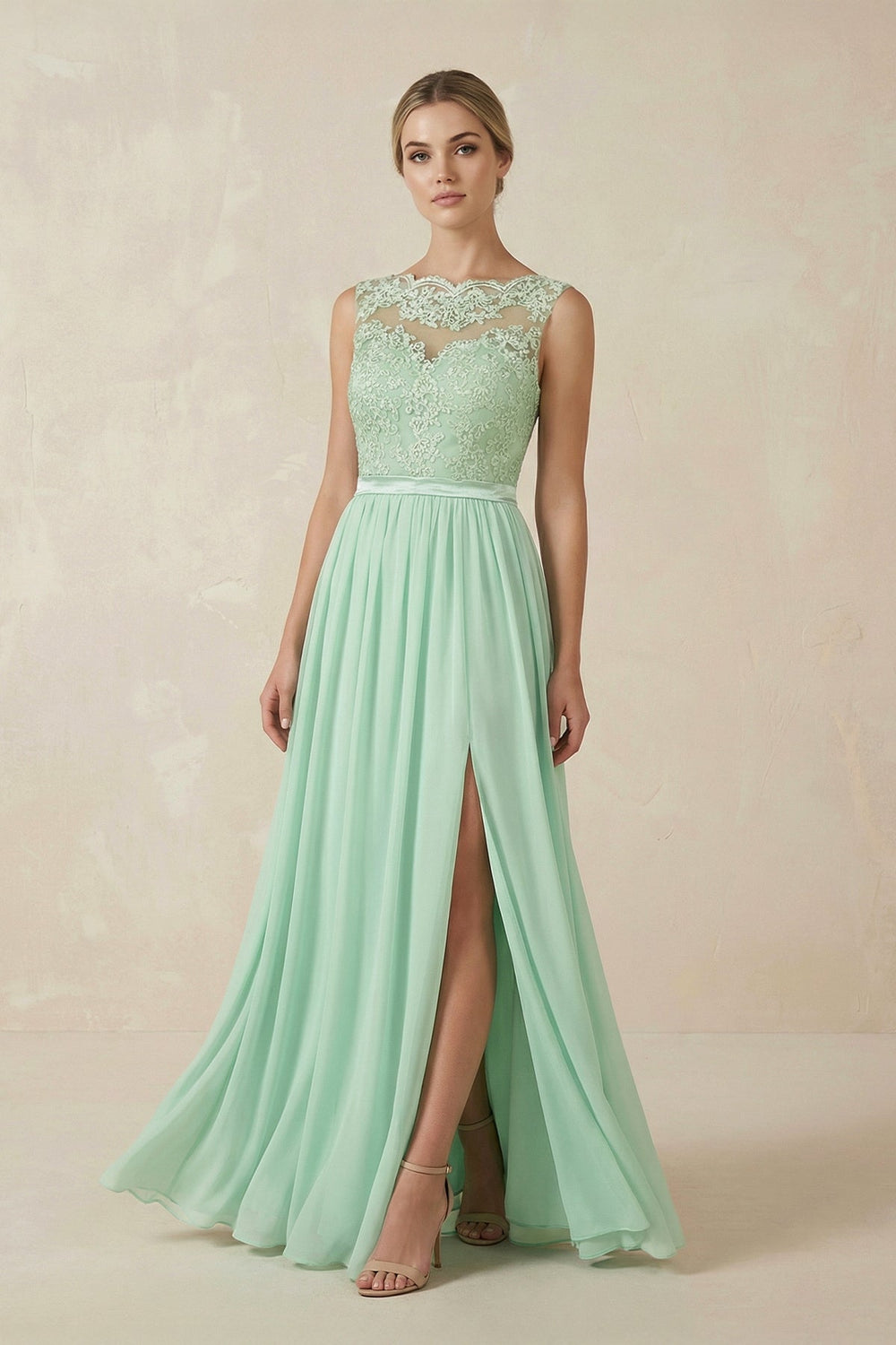 Lace A - Line Bateau Neck Chiffon Long Bridesmaid Dress - SHE IS ME Bridesmaid Dresses