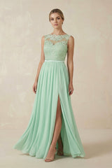 Lace A - Line Bateau Neck Chiffon Long Bridesmaid Dress - KISS BRIDAL Bridesmaid Dresses