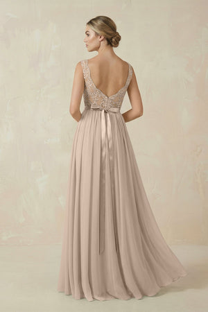 Lace A - Line Bateau Neck Chiffon Long Bridesmaid Dress in Almond - KISS BRIDAL Bridesmaid Dresses