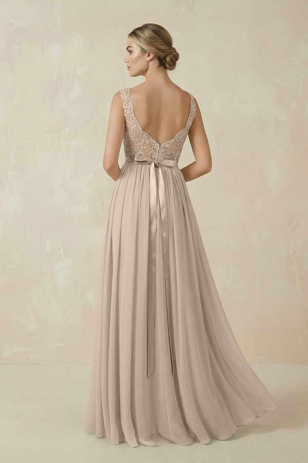 Lace A - Line Bateau Neck Chiffon Long Bridesmaid Dress in Almond - KISS BRIDAL Bridesmaid Dresses