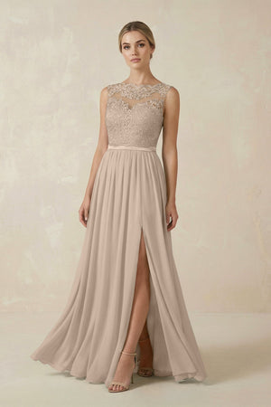 Lace A - Line Bateau Neck Chiffon Long Bridesmaid Dress in Almond - KISS BRIDAL Bridesmaid Dresses